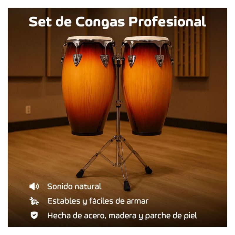 Set de Congas 11 Y 12 Pulgadas de Madera Con Soportes de Acero Parche De Cuero