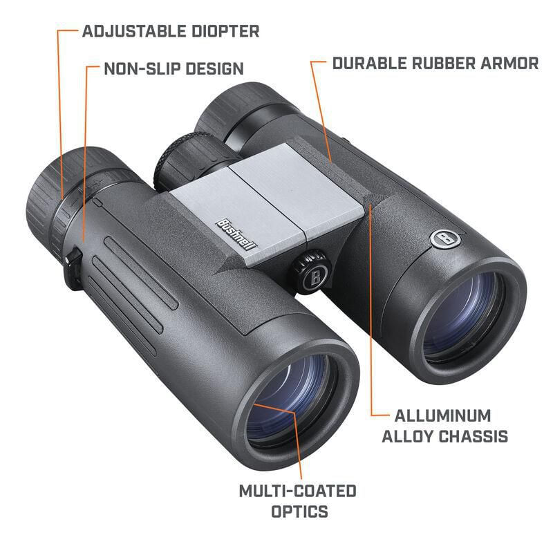Binoculares Bushnell PowerView 2 8x42 mm Prisma Roof BK7 Alta Luminosidad Chasis de Aluminio para Naturaleza Senderismo y Viajes Negro