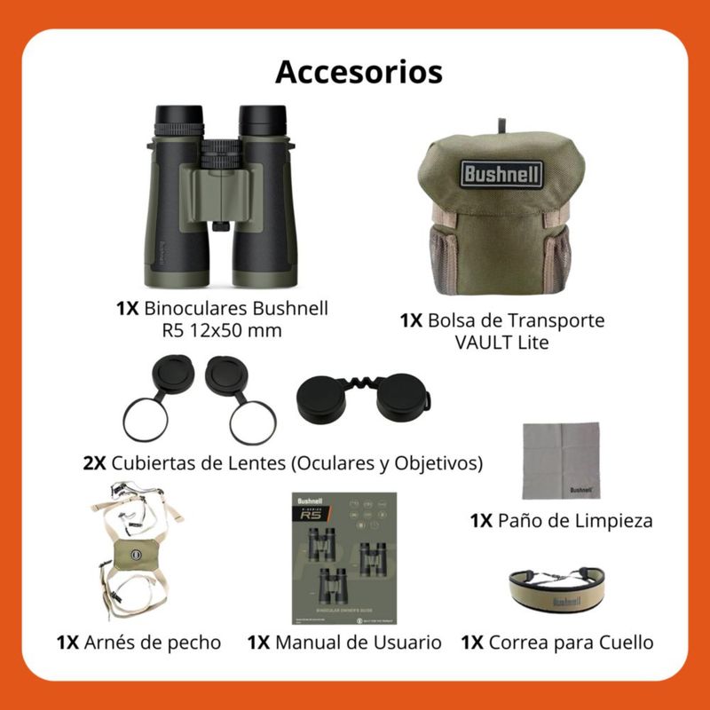Binoculares Bushnell R5 12x50 Roof BaK4 Gran Luminosidad para Caza y Observación en Baja Iluminación Verde