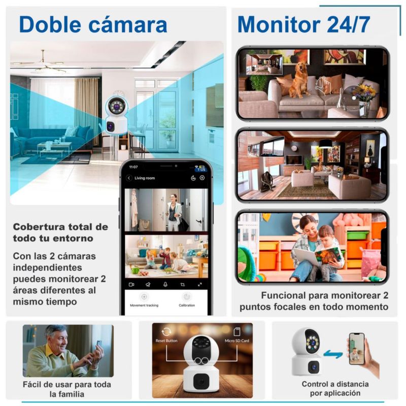 VAK Video Camara de seguridad Doble lente W10 wifi 5G IA luz nocturna