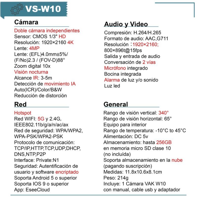 VAK Video Camara de seguridad Doble lente W10 wifi 5G IA luz nocturna