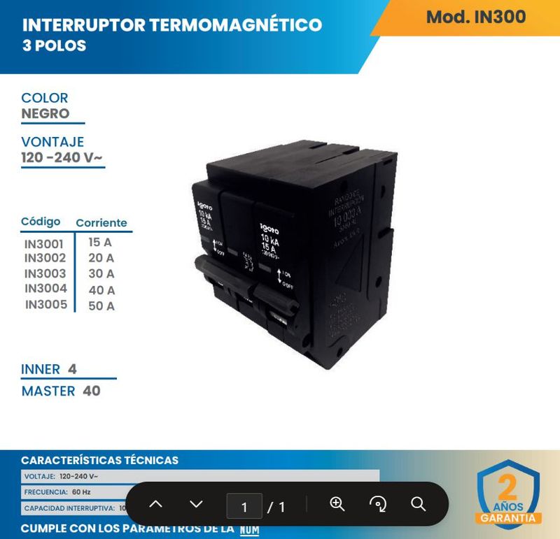 Interruptor Termomagnético 3 Polos 30A 120–240V 10kA, Protección contra Sobrecarga y Cortocircuito