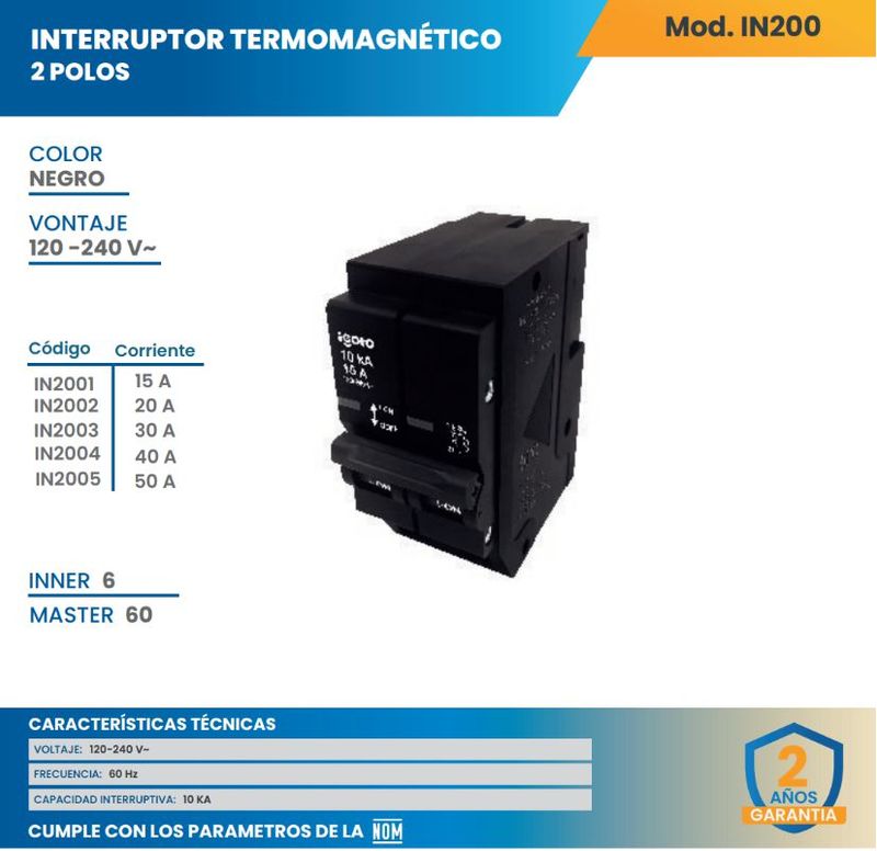 Interruptor Termomagnético 2 Polos 20A Protección contra Sobrecarga y Cortocircuito, Material Poliéster, Uso Residencial y Comercial