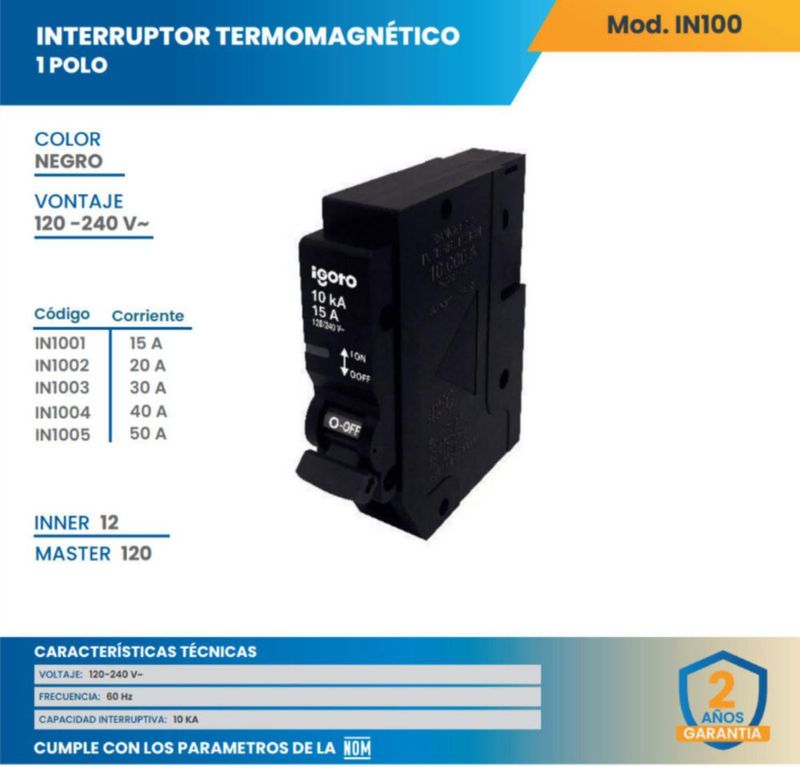 Interruptor Termomagnético 1 Polo 40 A 120–240V 10kA Protección contra Sobrecarga y Cortocircuito