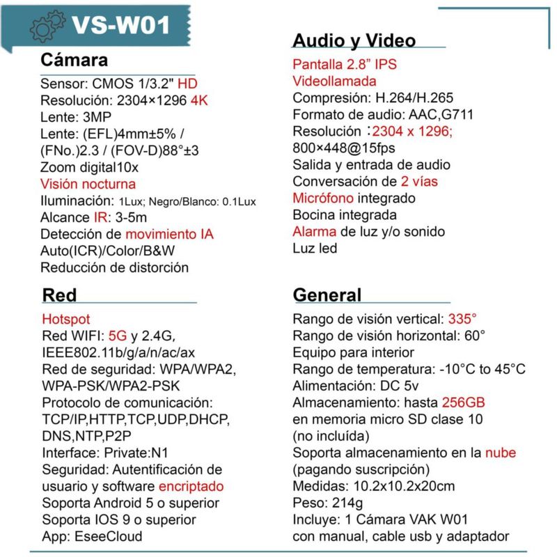 VAK Video Camara de seguridad Pantalla W01 5G llamada wifi iA