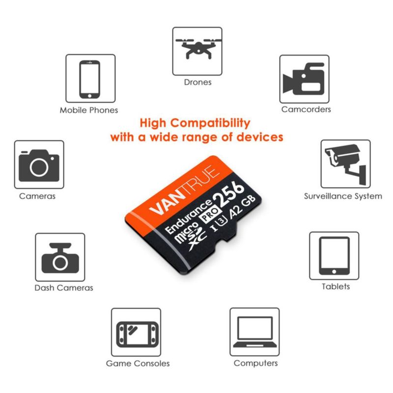 Tarjeta SD Vantrue microSDXC UHS-I U3 4K UHD de 256 GB con adaptador