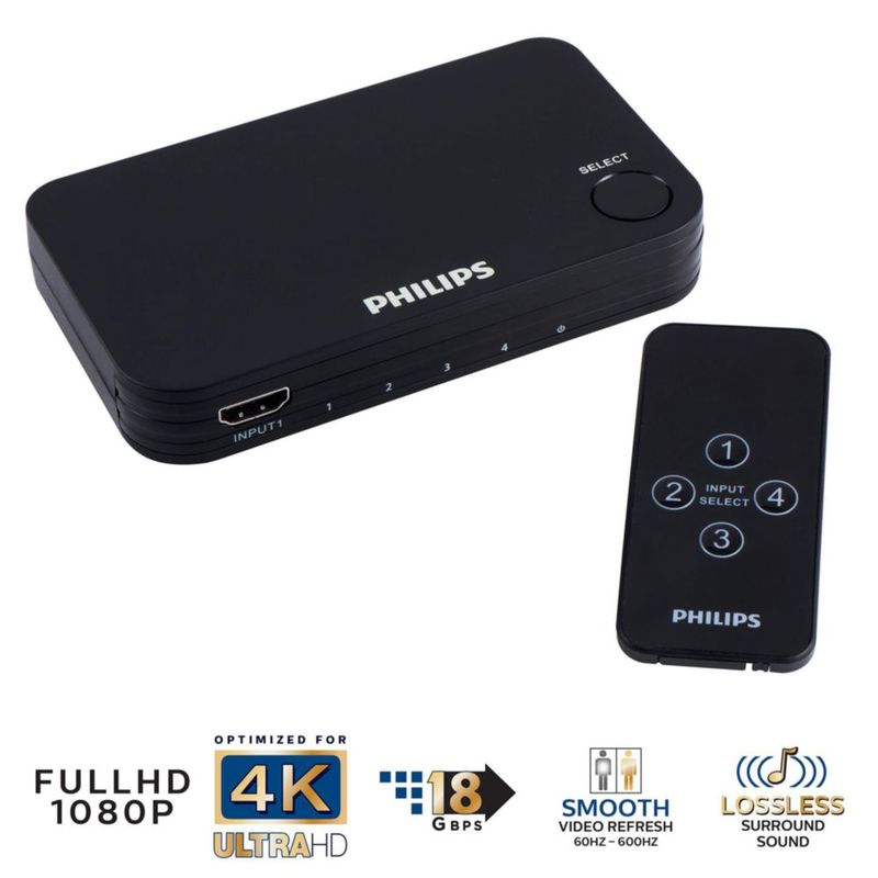 Conmutador HDMI Philips SWV9484B/27 para 4 dispositivos con control remoto inalámbrico