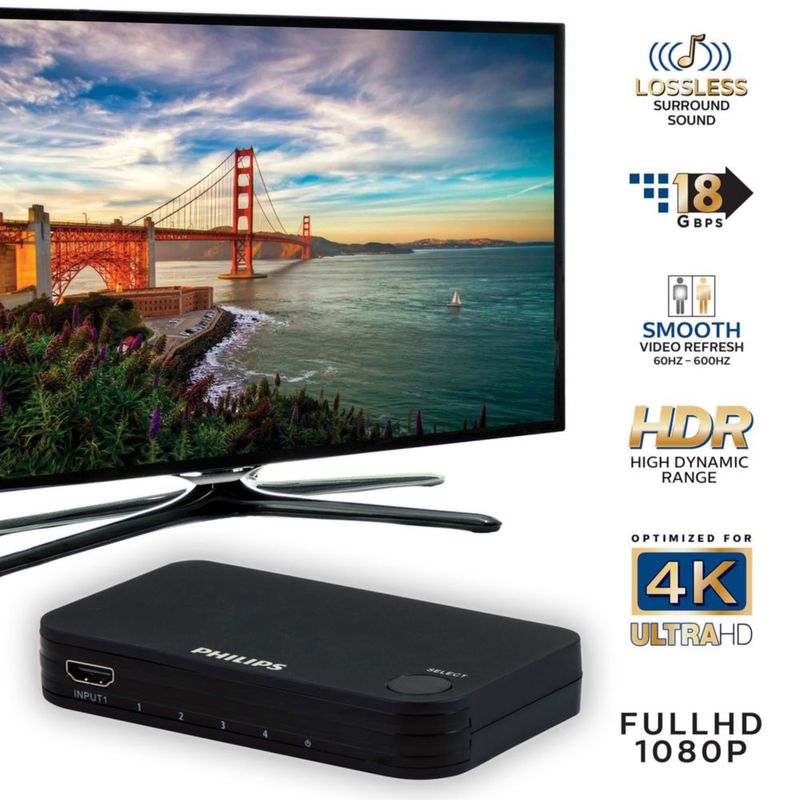 Conmutador HDMI Philips SWV9484B/27 para 4 dispositivos con control remoto inalámbrico