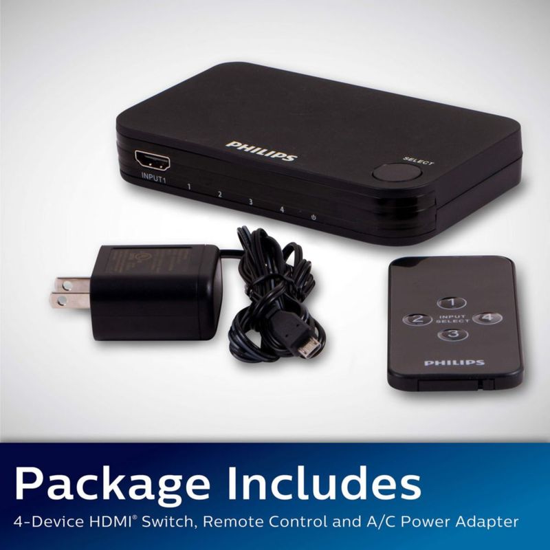Conmutador HDMI Philips SWV9484B/27 para 4 dispositivos con control remoto inalámbrico
