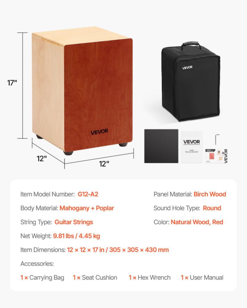 Tambor Cajon Box VEVOR de madera ligera con cuerdas de guitarra 43 cm