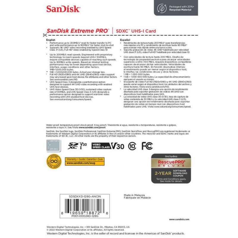 Tarjeta de memoria SanDisk Extreme PRO 128GB UHS-I U3 SDXC