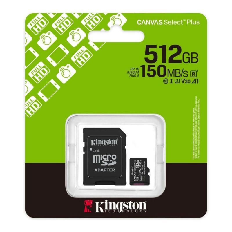 Tarjeta De Memoria MicroSD Con Adaptador SD Kingston Canvas Select Plus 512GB Gen3 Capacidad de 512GB, Clase 10, UHS-I, U3, V30, A1 Lectura 150MB/s