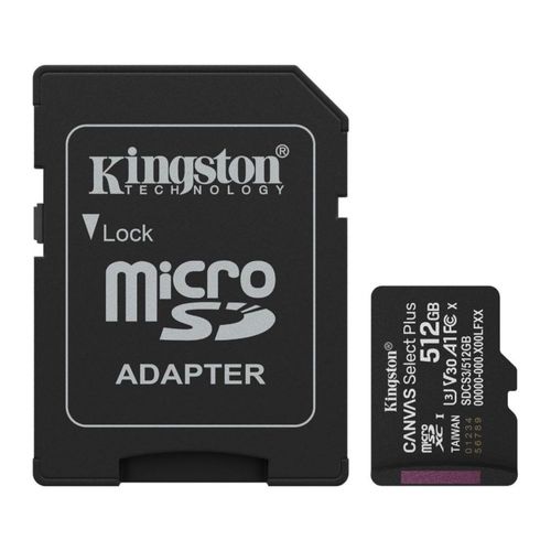 Tarjeta De Memoria MicroSD Con Adaptador SD Kingston Canvas Select Plus 512GB Gen3 Capacidad de 512GB, Clase 10, UHS-I, U3, V30, A1 Lectura 150MB/s