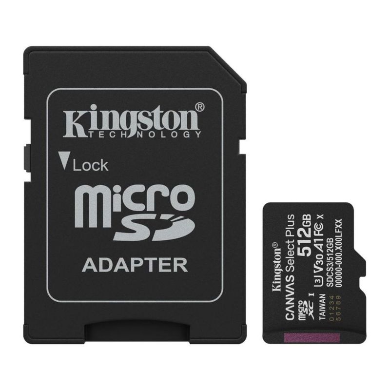 Tarjeta De Memoria MicroSD Con Adaptador SD Kingston Canvas Select Plus 512GB Gen3 Capacidad de 512GB, Clase 10, UHS-I, U3, V30, A1 Lectura 150MB/s