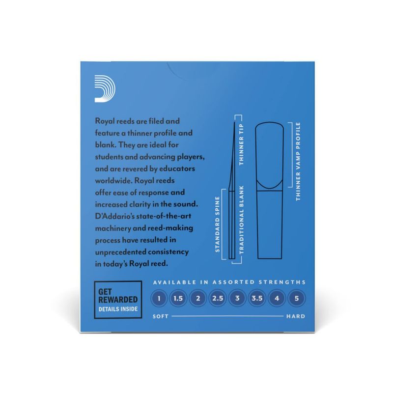 Cañas para clarinete D'Addario Woodwinds Royal en si bemol cañas para clarinete lengüetas para clarinete en si bemol espina fuerte corte limado fuerza