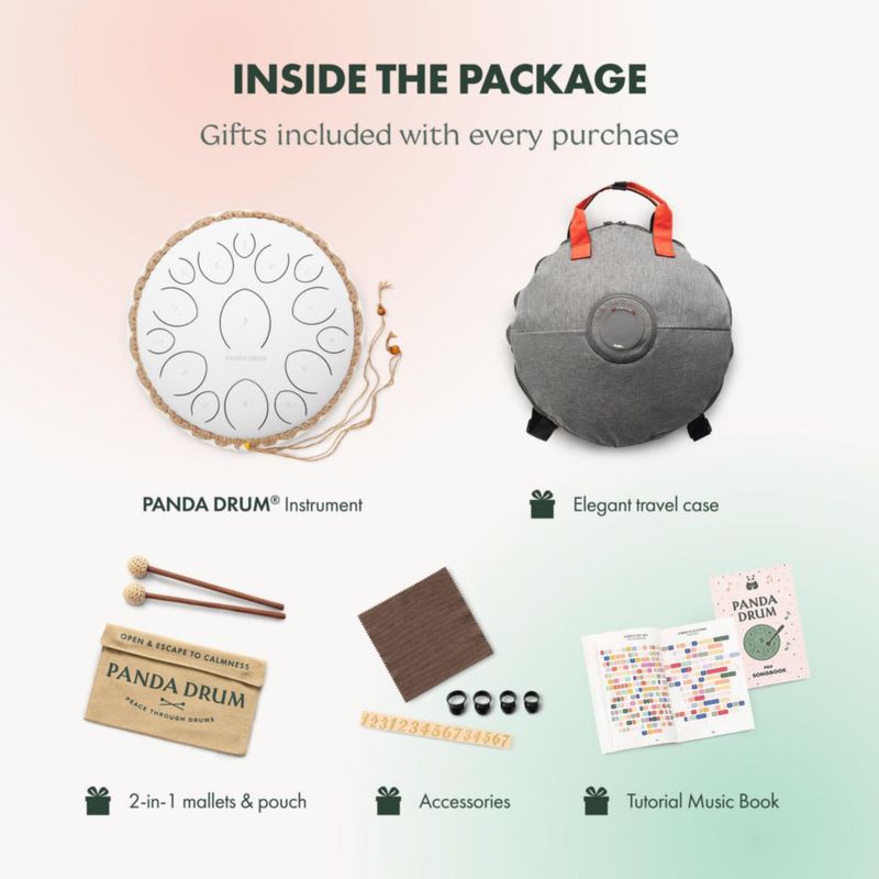 Sartén con lengüeta de acero Panda Drum Pro de 15 pulgadas y 432 Hz con accesorios
