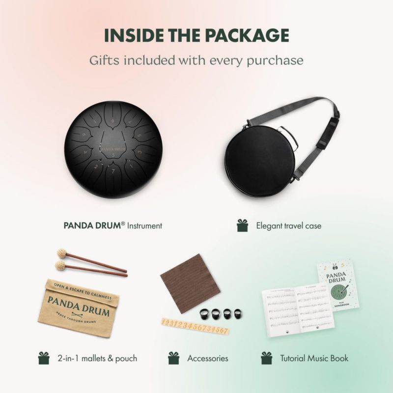 Sartén con lengüeta de acero Panda Drum Plus con libro de música y bolsa