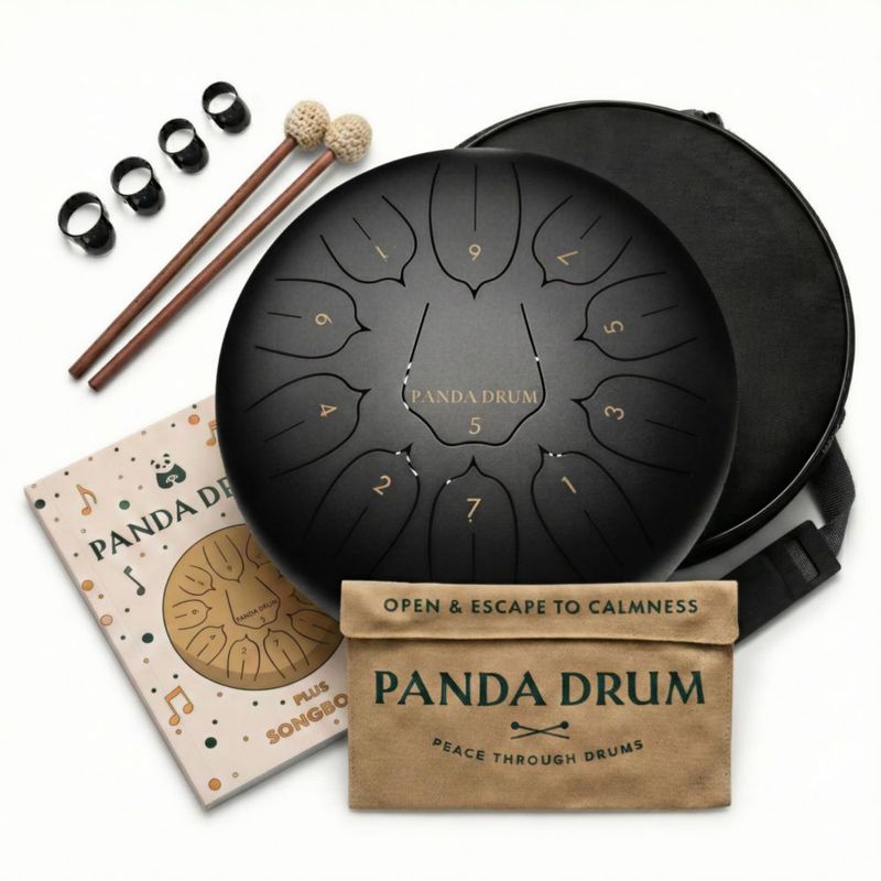 Sartén con lengüeta de acero Panda Drum Plus con libro de música y bolsa