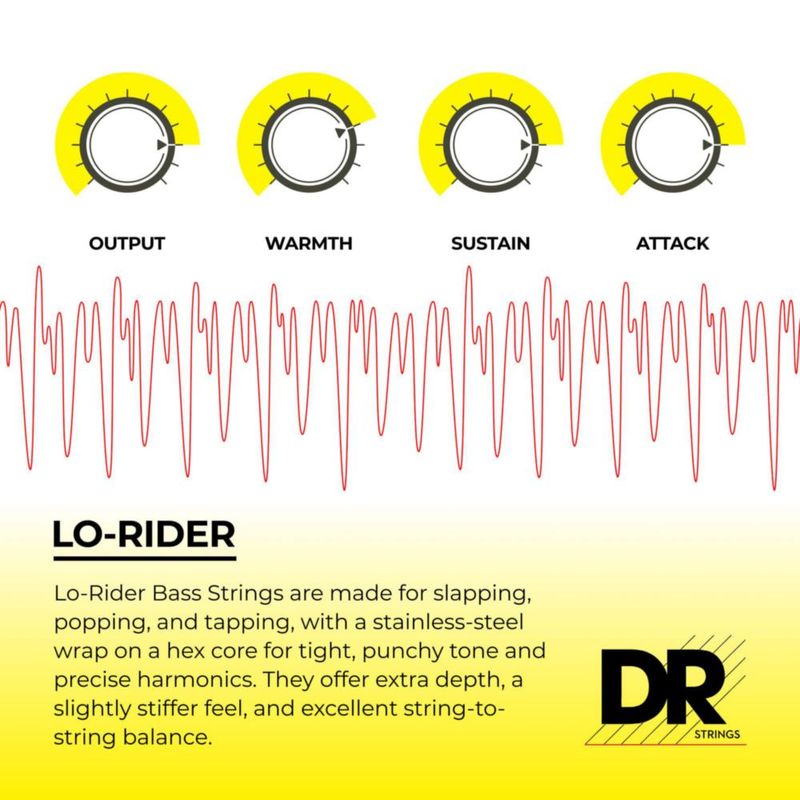 Cuerdas para bajo DR Strings Lo-Rider de acero inoxidable con núcleo hexagonal de 5 cuerdas 45-125