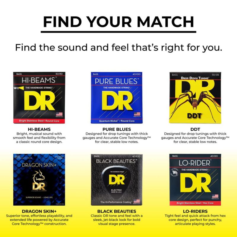 Cuerdas para bajo DR Strings Lo-Rider de acero inoxidable con núcleo hexagonal de 5 cuerdas 45-125