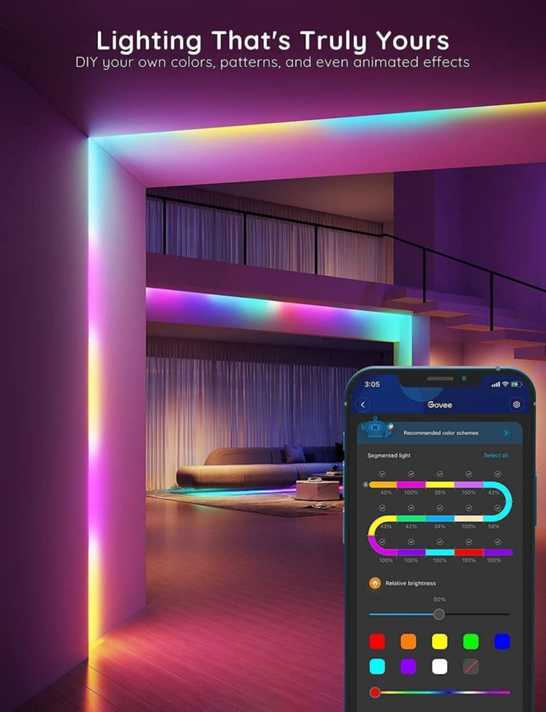 Tira de luces LED RGBIC Govee de 100 pies luces LED inteligentes que funcionan con Alexa y el Asistente de Google luces LED para dormitorio control de