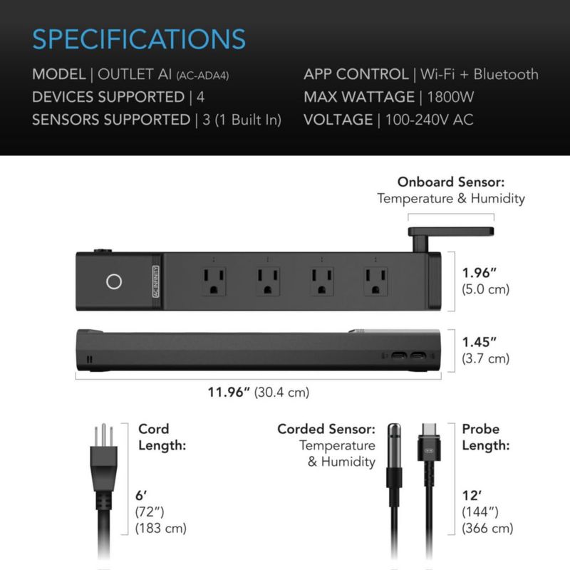 Regleta inteligente WiFi con IA AC Infinity de 4 tomas 1800 W