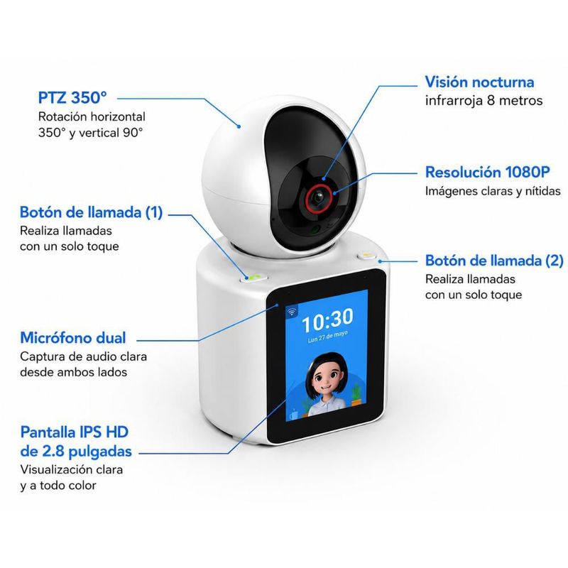 Cámara de Seguridad IQ TECH WiFi 1080P Pantalla 2.8" Visión Nocturna Audio Bidireccional Seguimiento AI para Hogar
