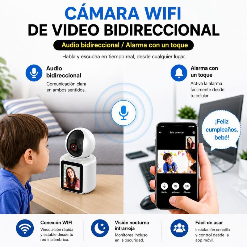 Cámara de Seguridad IQ TECH WiFi 1080P Pantalla 2.8" Visión Nocturna Audio Bidireccional Seguimiento AI para Hogar