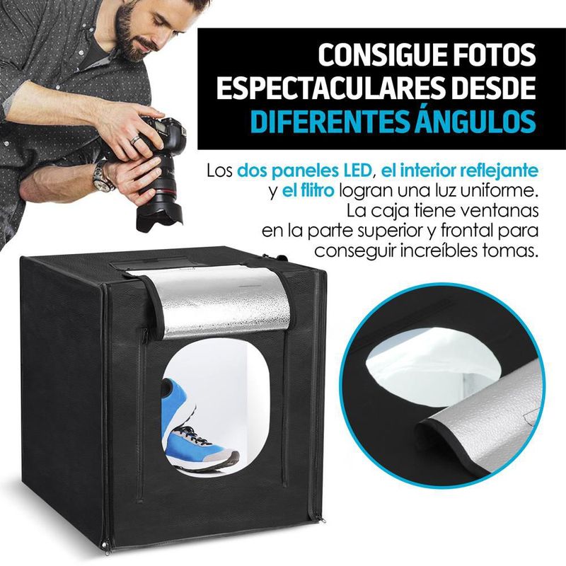 Caja de Luz para Fotografía Profesional Portátil (50x50x50 cm), Iluminación LED, 3 Fondos de Colores