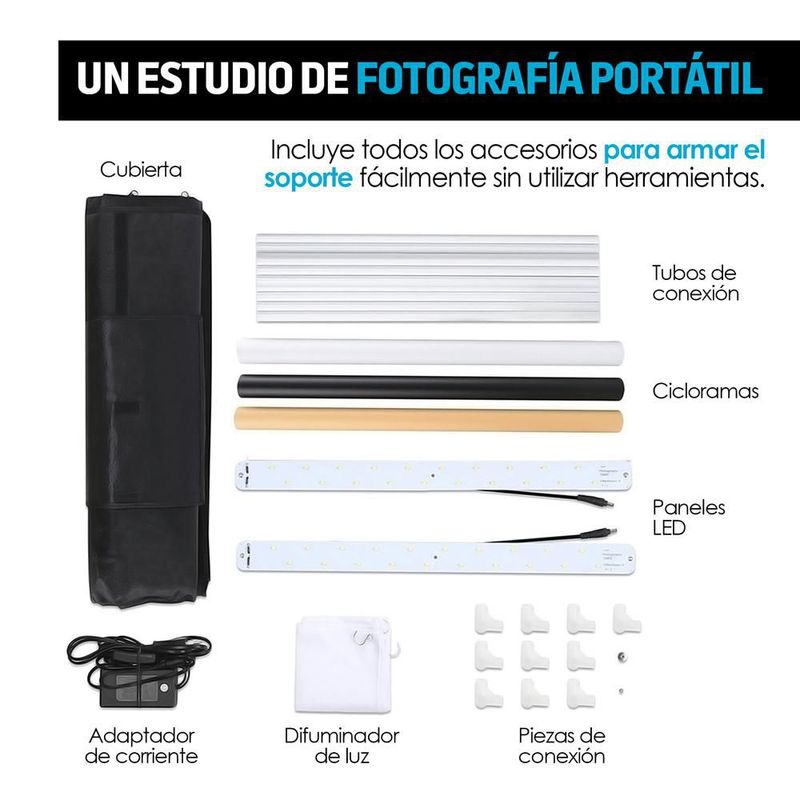 Caja de Luz para Fotografía Profesional Portátil (50x50x50 cm), Iluminación LED, 3 Fondos de Colores