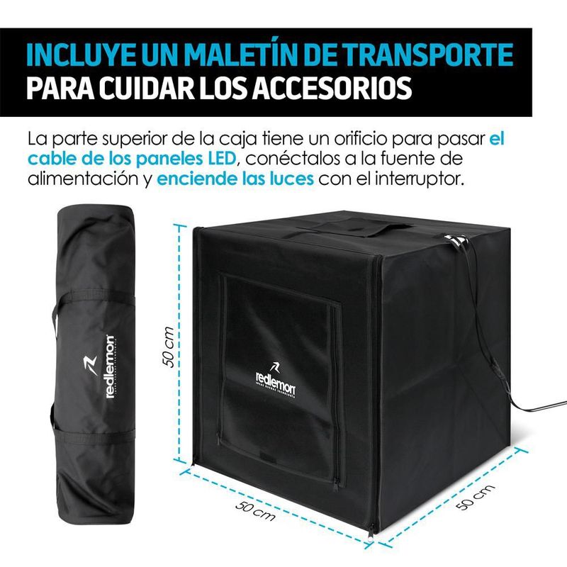 Caja de Luz para Fotografía Profesional Portátil (50x50x50 cm), Iluminación LED, 3 Fondos de Colores
