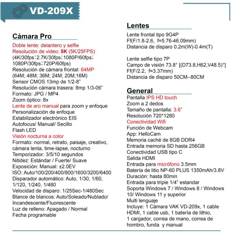 VAK CAMARA DIGITAL Pro 209 SELFIE 5K VISION NOCTURNA ZOOM
