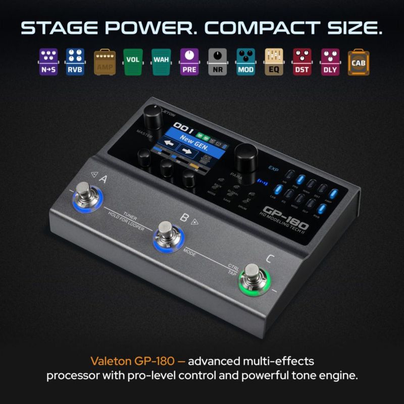 Valeton GP-180 Procesador Multi‑Efectos para Guitarra HD NAM Modeling Pedal 200+ Efectos Cargador IR 6‑in/4‑out Interfaz de Audio USB Bluetooth MIDI
