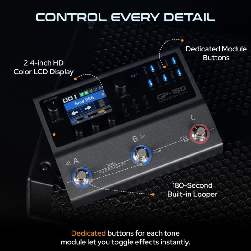 Valeton GP-180 Procesador Multi‑Efectos para Guitarra HD NAM Modeling Pedal 200+ Efectos Cargador IR 6‑in/4‑out Interfaz de Audio USB Bluetooth MIDI