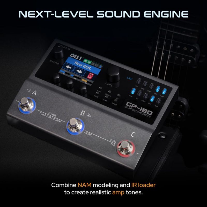 Valeton GP-180 Procesador Multi‑Efectos para Guitarra HD NAM Modeling Pedal 200+ Efectos Cargador IR 6‑in/4‑out Interfaz de Audio USB Bluetooth MIDI