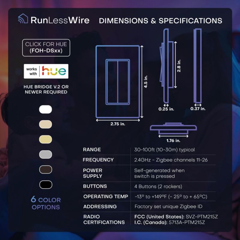 Interruptor Inteligente RunLessWire Inalámbrico 30 ft (10 m) Compatible con Hue – Juego de 2