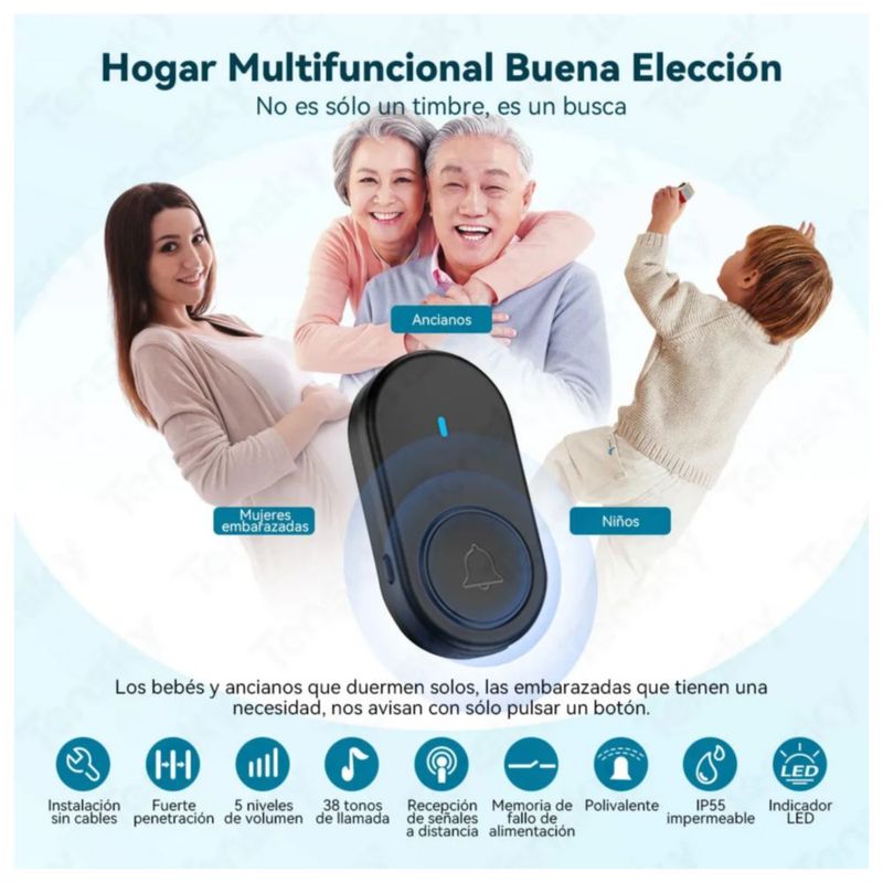 Timbre Inalámbrico Impermeable Con Luz Led 1 Transmisor 1 Rec, Color Negro