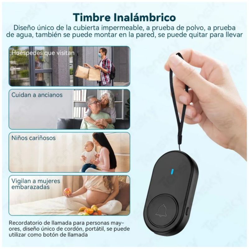 Timbre Inalámbrico Impermeable Con Luz Led 1 Transmisor 1 Rec, Color Negro