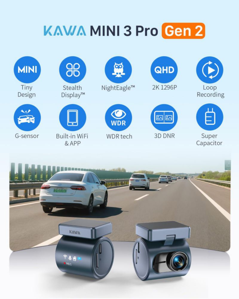 Cámara de tablero KAWA 2K WiFi con control por voz y pantalla discreta