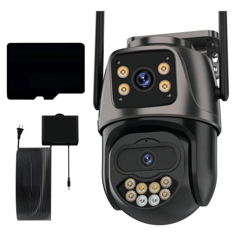 Cámara de Seguridad Exterior Doble Lente 4K 8MP con Almacenamiento 128GB IP66 WiFi Compatible Alexa Negro