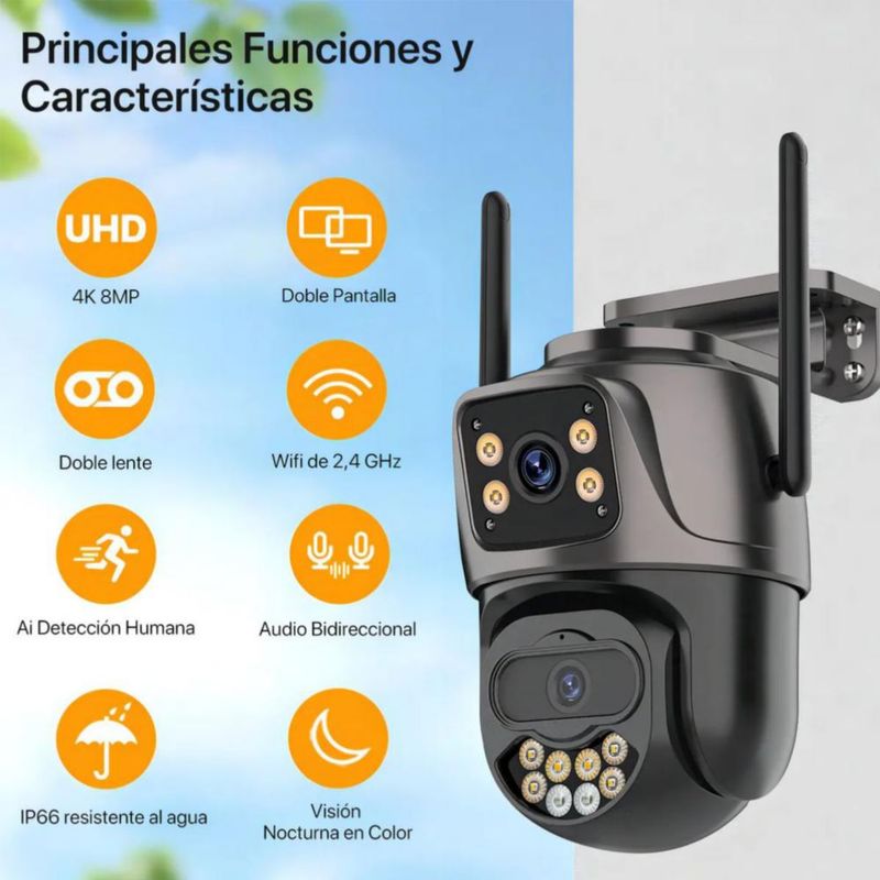 Cámara de Seguridad Exterior Doble Lente 4K 8MP con Almacenamiento 128GB IP66 WiFi Compatible Alexa Negro