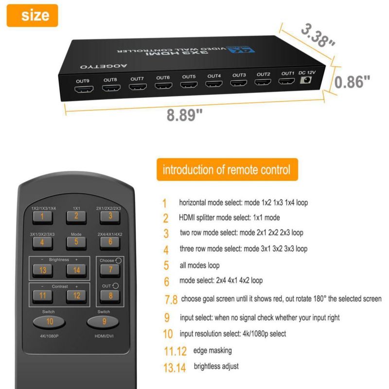Controlador de pared de vídeo AOGETYO 3x3 4K HDMI DVI