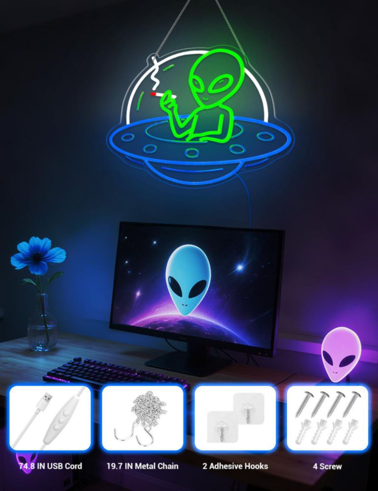Letrero de neón ADKALIV Extraterrestre en OVNI regulable con luz USB