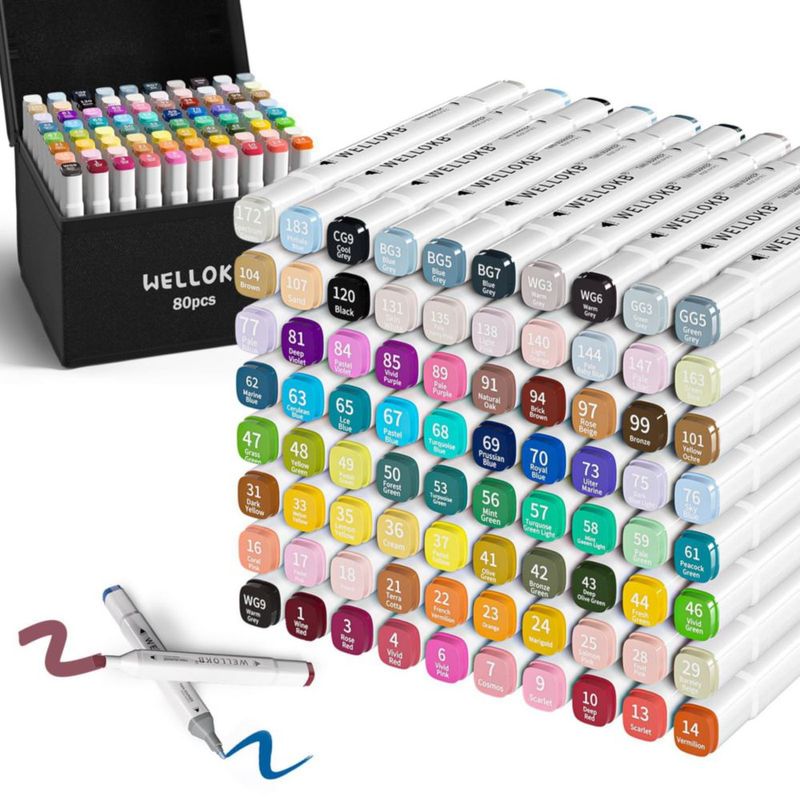 Marcadores WELLOKB 80 colores de punta doble a base de alcohol