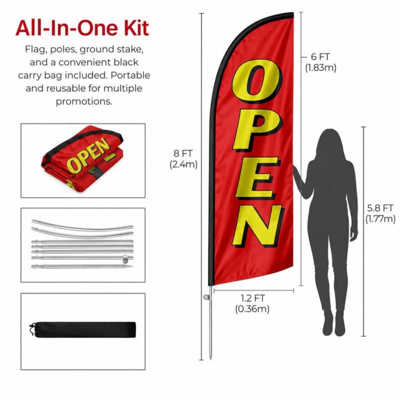 Banner QSUM Kit de Bandera de Plumas OPEN con Poste de Acero Inoxidable de 24 m