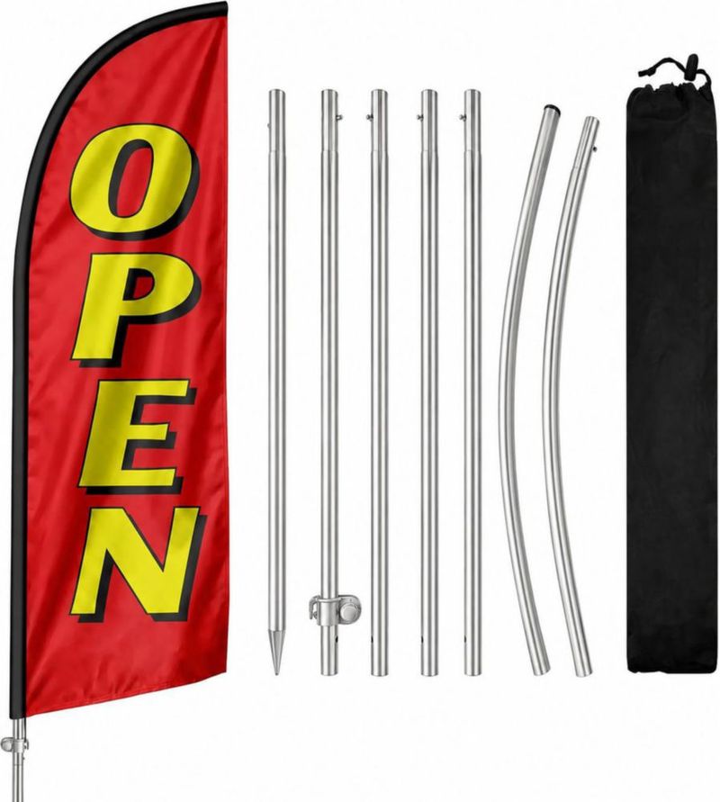 Banner QSUM Kit de Bandera de Plumas OPEN con Poste de Acero Inoxidable de 24 m