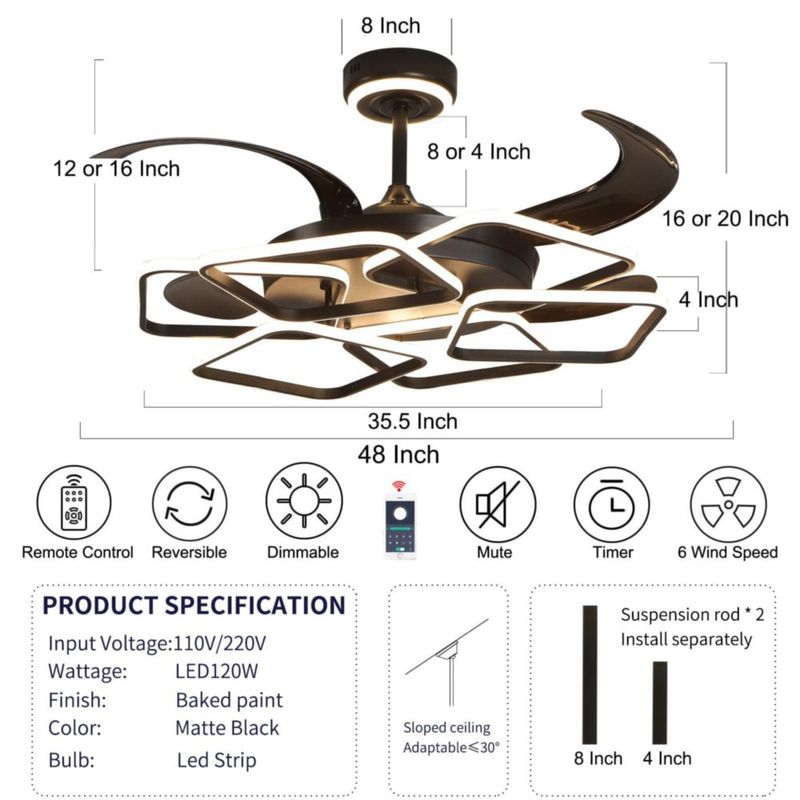Ventilador de techo LANGLITIAODENG 122 cm con luz regulable y control remoto