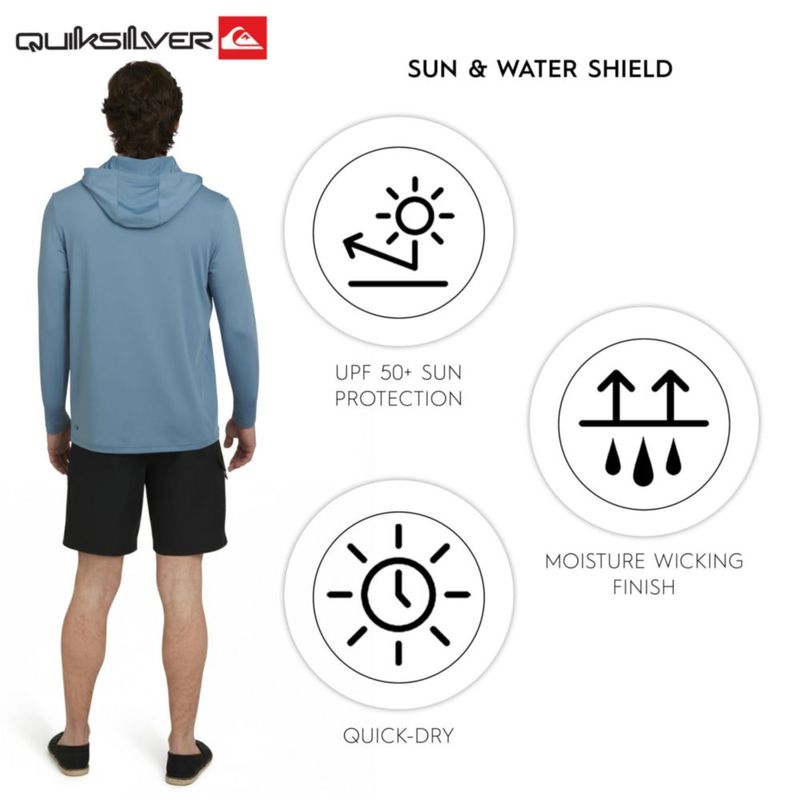 Camiseta rash guard Quiksilver talla mediana con capucha azul UPF 50