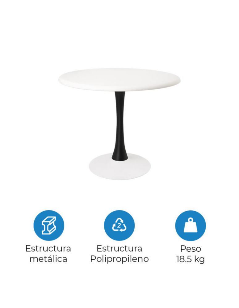 Mesa Redonda Minimalista Heron de Ø90cm de Polipropileno y Tubo de Hierro, Protección UV para Interior y Exterior