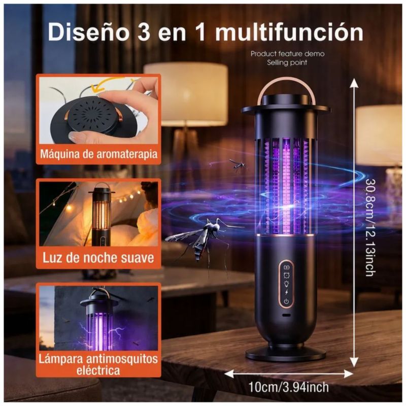 Lámpara Mata Mosquitos Mosca Eléctrico Luz Uv Repelente 3en1, Color Negro